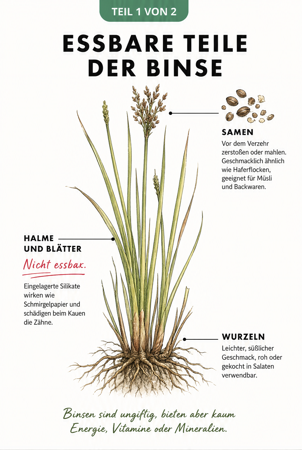 Botanische Illustration einer Binse mit Beschriftung der essbaren und ungenießbaren Pflanzenteile wie Wurzeln, Halme und Samen.