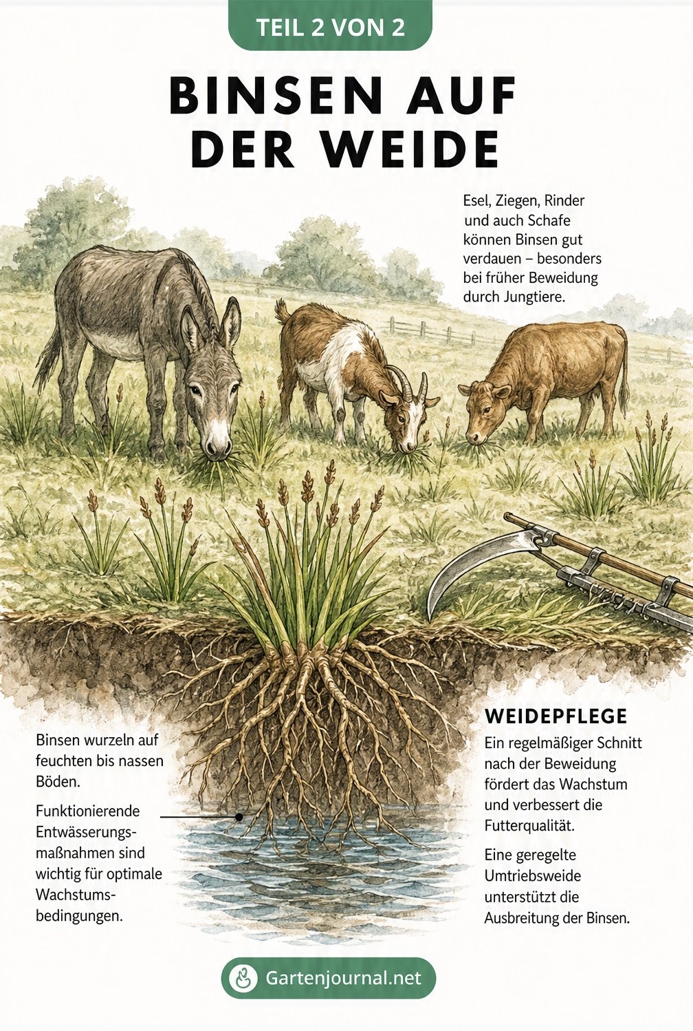 Illustration einer Weidelandschaft mit Esel, Ziege und Rind, die Binsen fressen, sowie Darstellung der Wurzeln im feuchten Boden und Weidepflege.