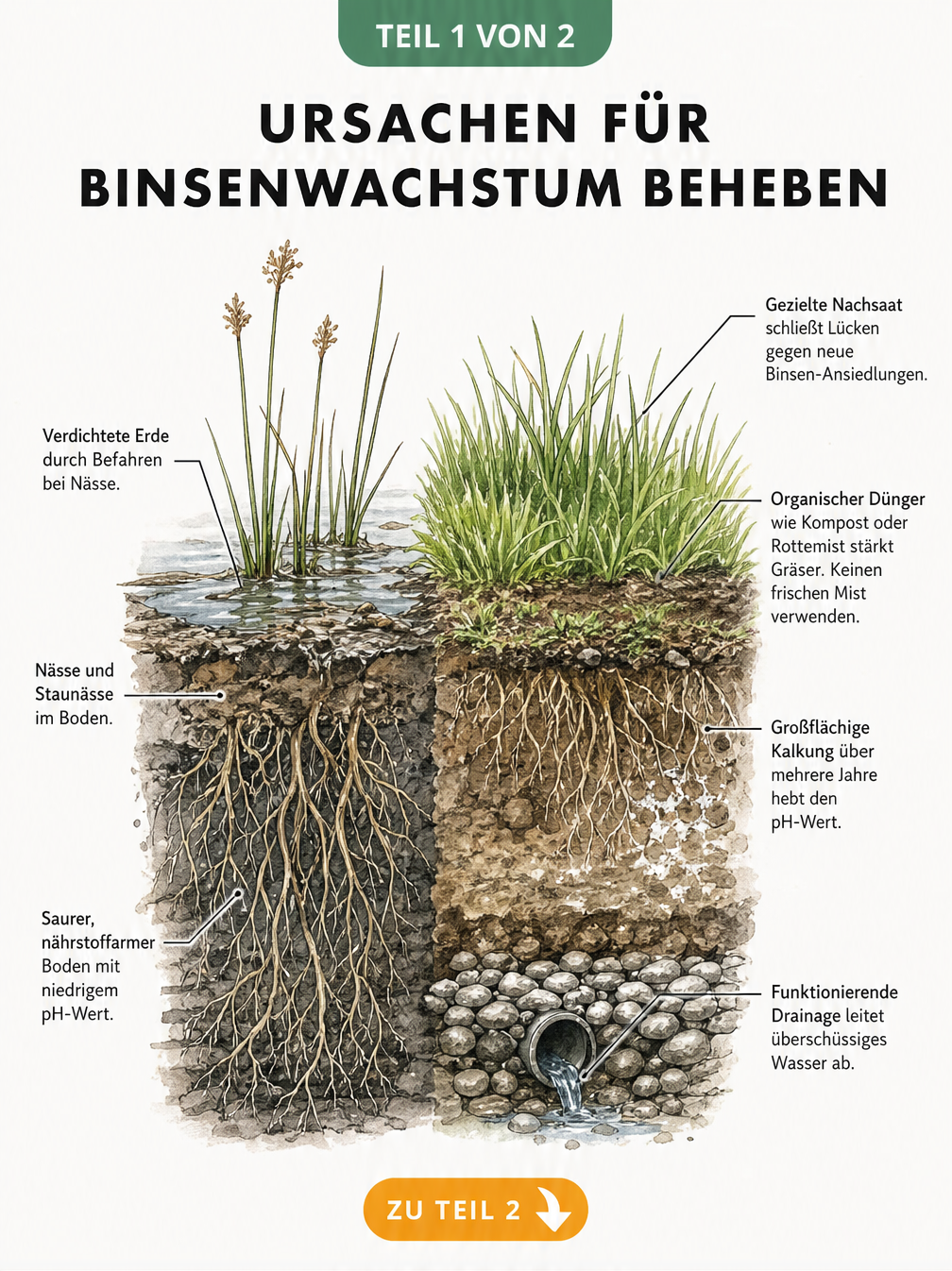 Botanische Schnittzeichnung eines Wiesenbodens, die links einen kranken, nassen Boden mit Binsenwurzeln und rechts einen gesunden, sanierten Boden mit...