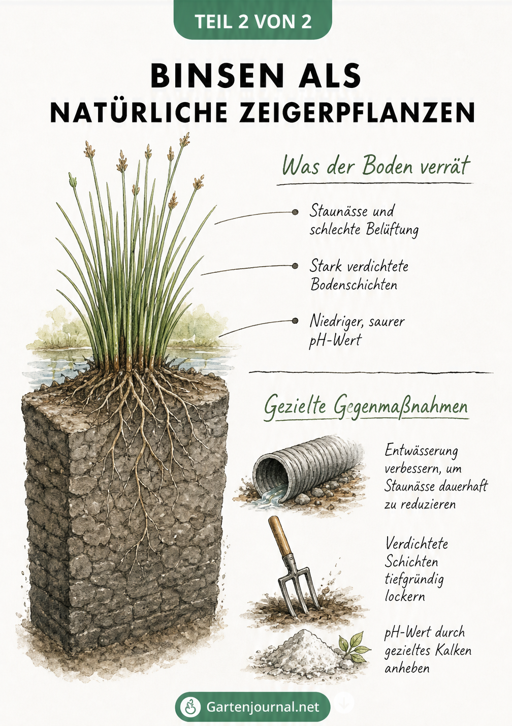 Diagnose-Tafel im Notizbuch-Stil, die Binsen als Zeigerpflanzen für Staunässe und verdichtete Böden darstellt
