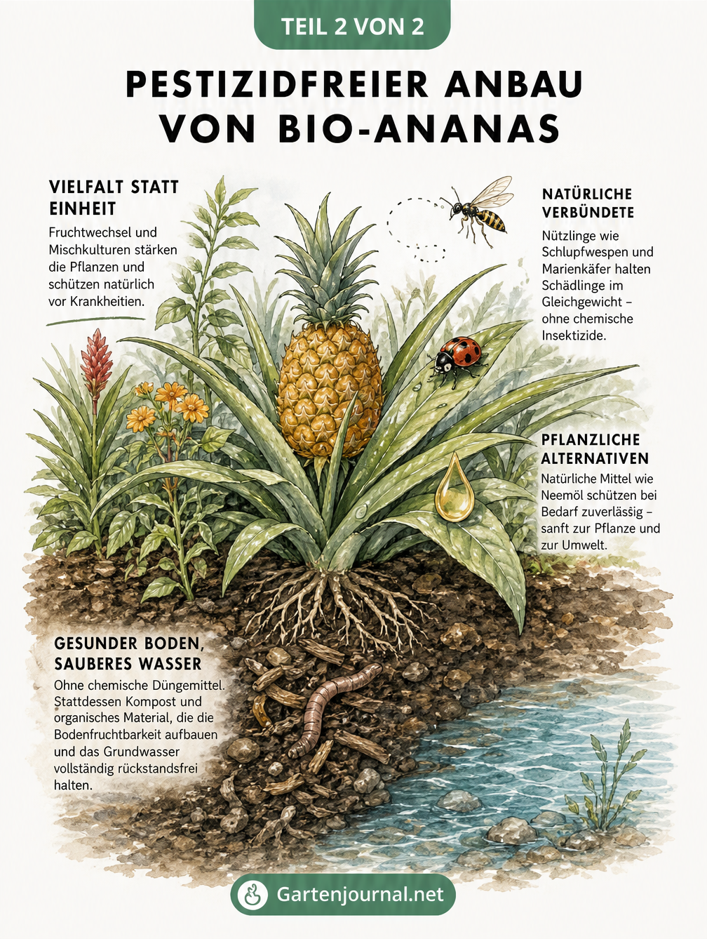 Illustration einer Bio-Ananaskultur mit Begleitpflanzen, Nützlingen wie Marienkäfern und gesundem, kompostreichem Boden.