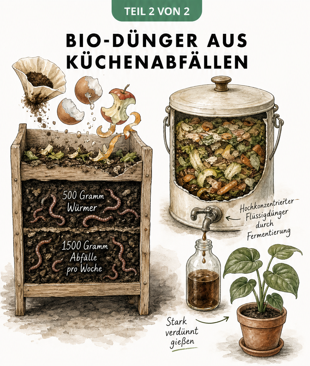 Querschnitt-Illustration einer Wurmkiste und eines Bokashi-Eimers für Bio-Dünger