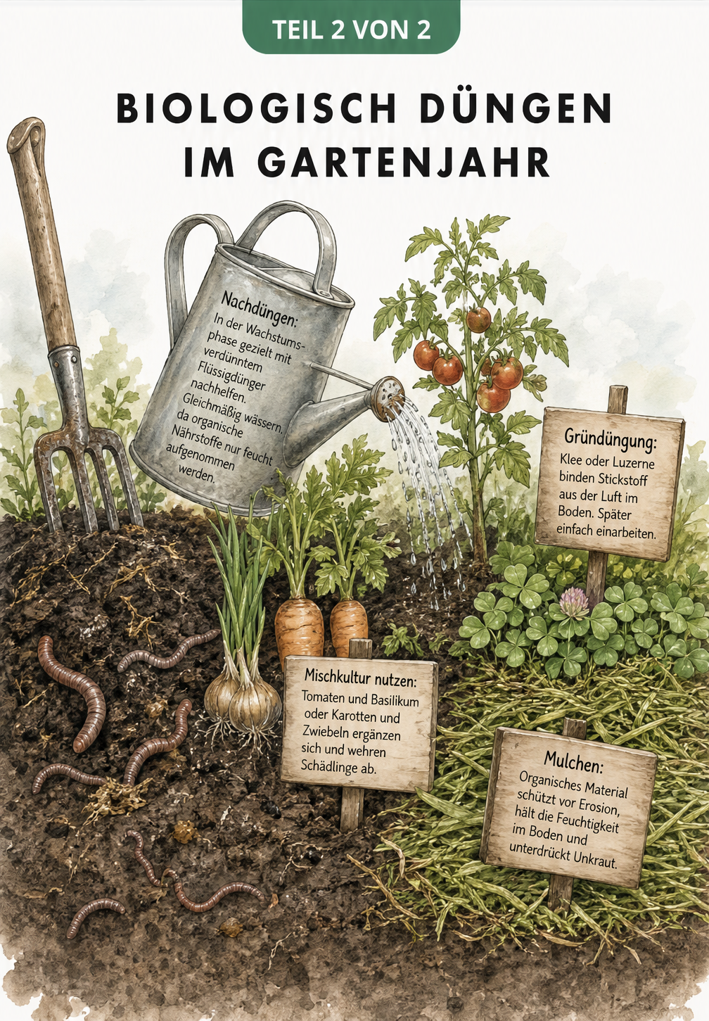 Querschnitt eines Gartenbeets, der die chronologischen Arbeitsschritte der biologischen Düngung im Gartenjahr zeigt