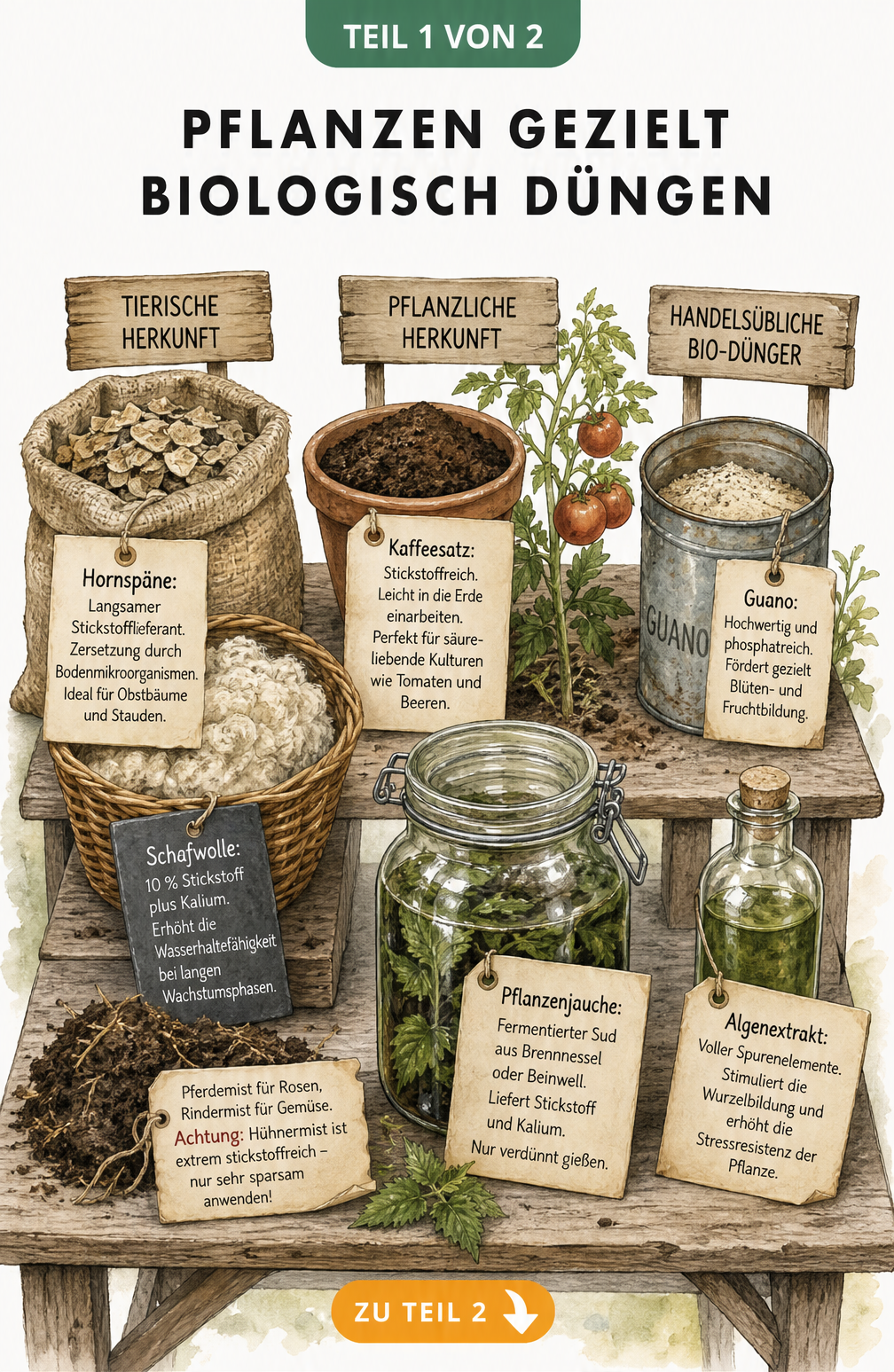 Illustration eines Pflanztisches mit biologischen Düngemitteln wie Hornspänen, Schafwolle, Kaffeesatz und Guano