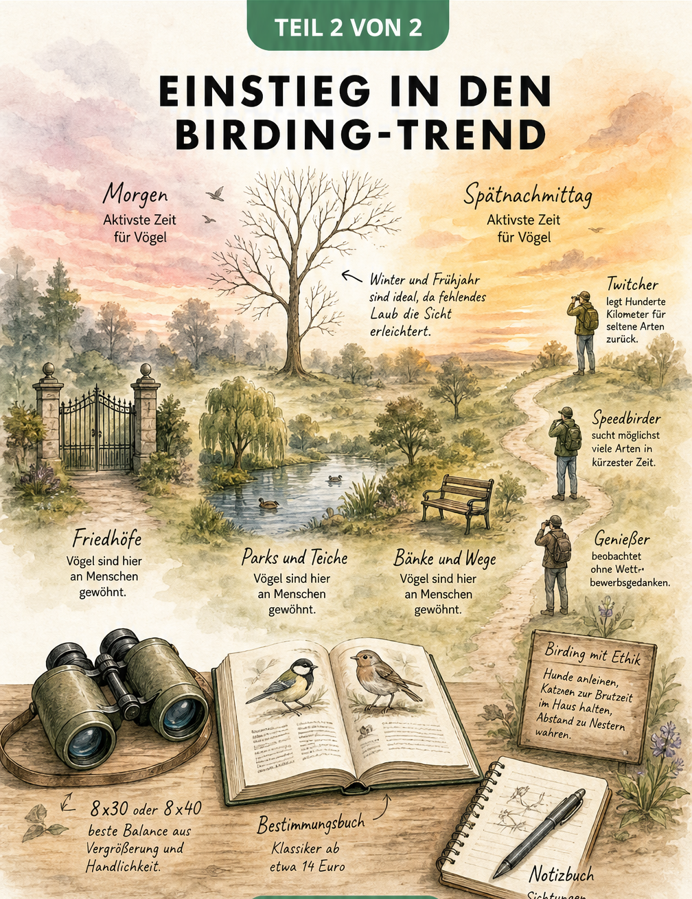 Aquarellierte Parklandschaft mit Hinweisen zu den besten Tages- und Jahreszeiten für die Vogelbeobachtung sowie Ausrüstung wie Fernglas und Bestimmungsbuch.