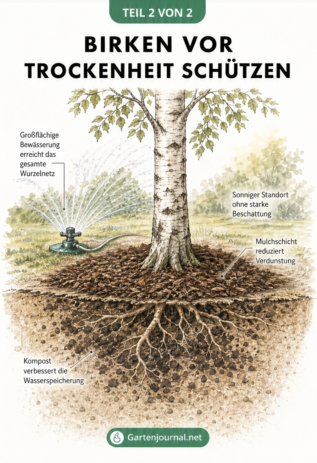 Illustration des unteren Stammbereichs einer Birke mit Rasensprenger, Mulchschicht und Kompost im Boden zur Verbesserung der Wasserspeicherung.