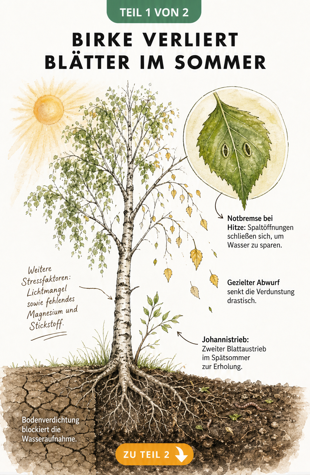 Botanische Illustration einer Birke im Sommer, die den Schutzmechanismus bei Hitze zeigt: geschlossene Spaltöffnungen, Blattabwurf, Bodenverdichtung und...