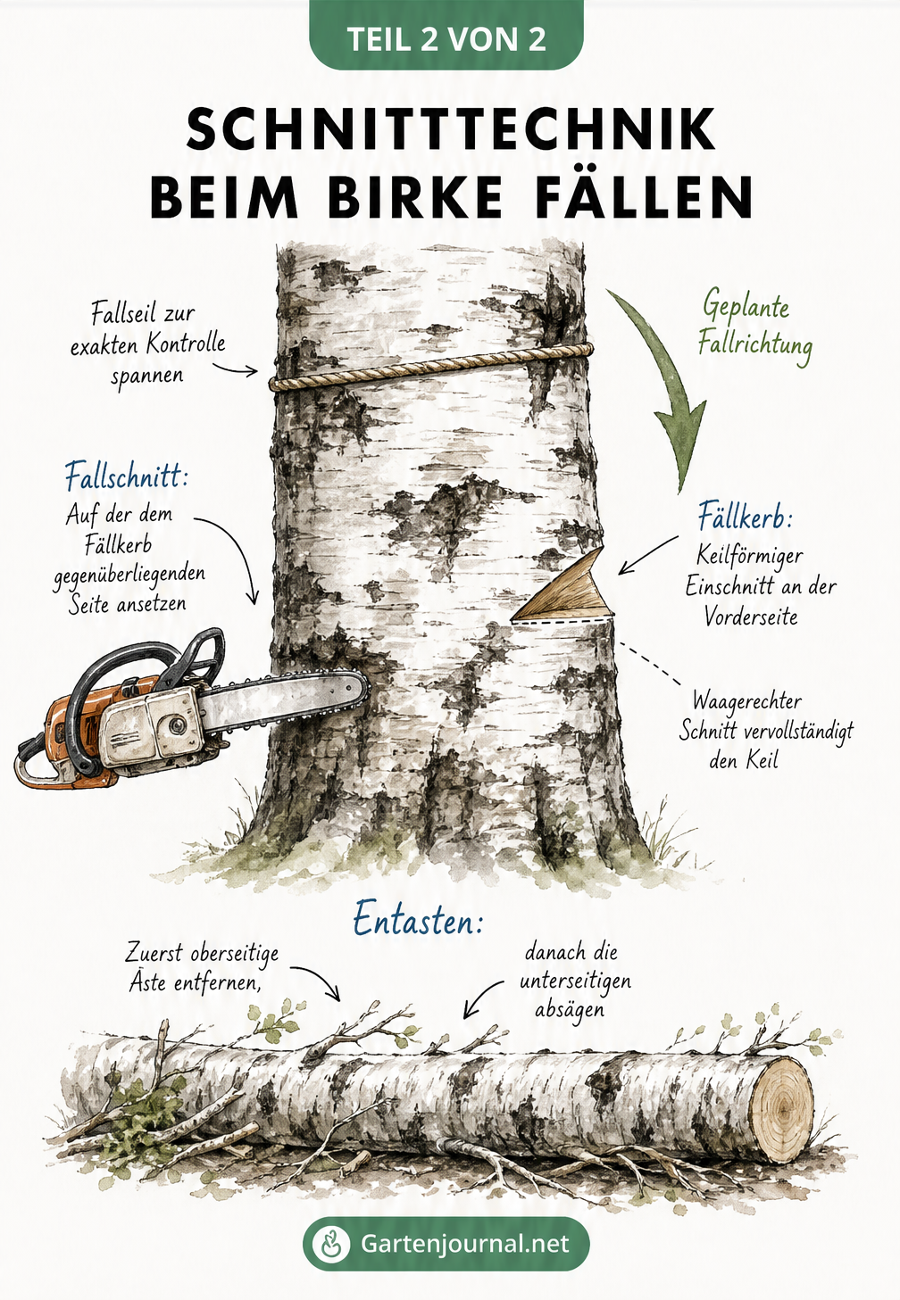 Skizze eines Birkenstamms mit Fällkerb, Fallschnitt und Fallrichtung