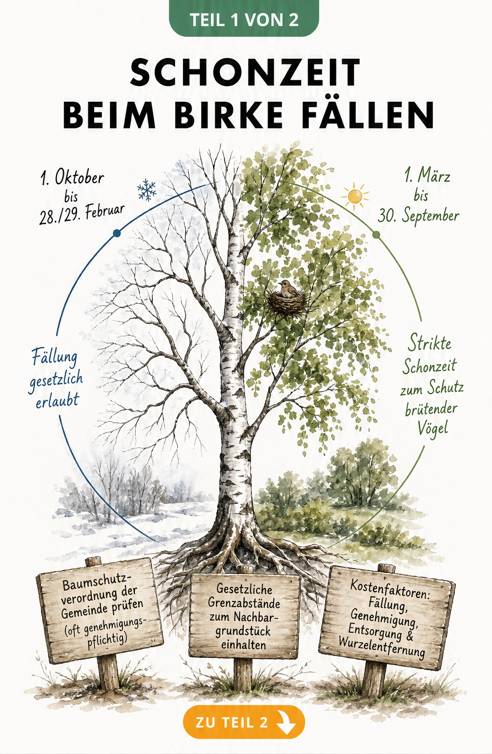 Illustration einer Birke im Jahresverlauf mit Schonzeiten und rechtlichen Hinweisen zum Fällen