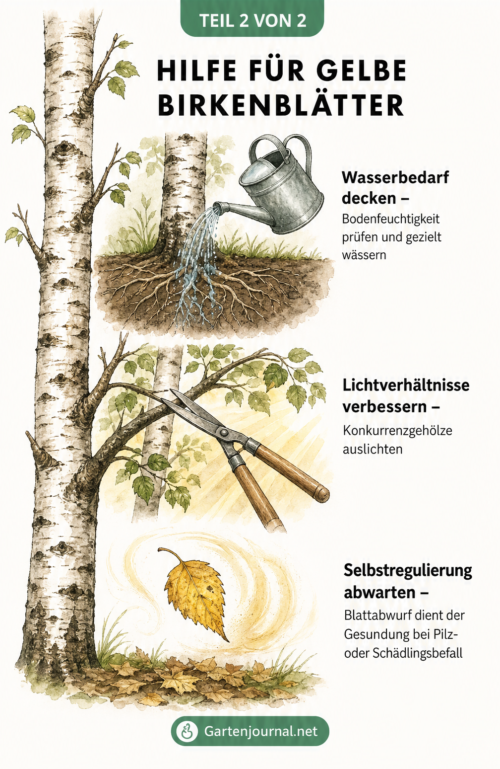 Illustration von Maßnahmen gegen gelbe Birkenblätter: Gießkanne wässert Wurzeln, Astschere entfernt schattierende Äste und ein fallendes Blatt symbolisiert...