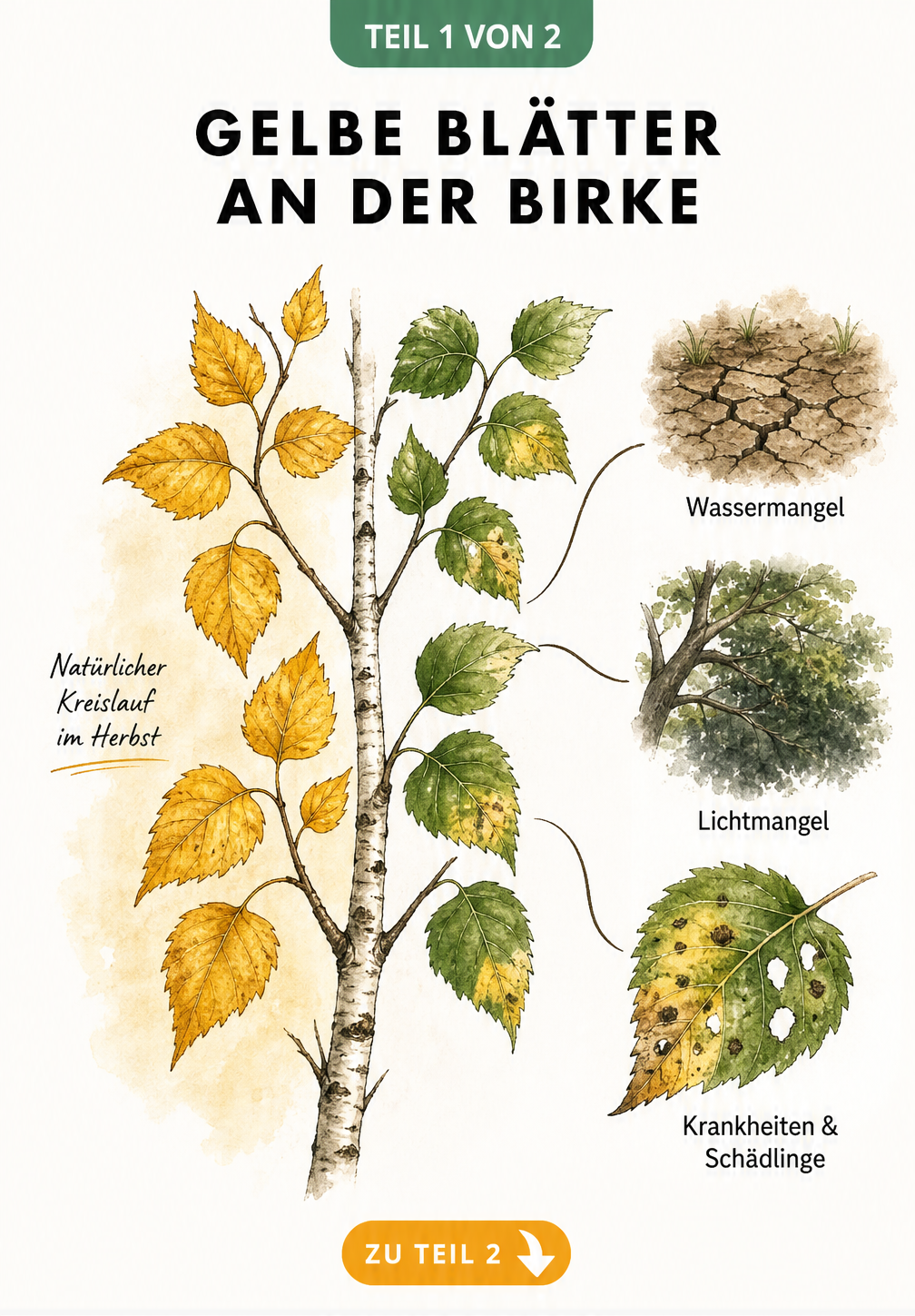 Botanische Illustration eines Birkenzweigs, der links gelbe Herbstblätter und rechts grüne Blätter mit gelben Flecken durch Wassermangel, Lichtmangel und...
