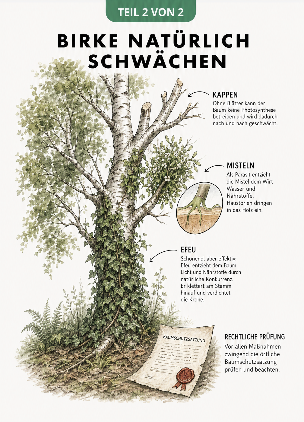 Illustration einer Birke mit gekappter Krone, Misteln in den Ästen und Efeu am Stamm
