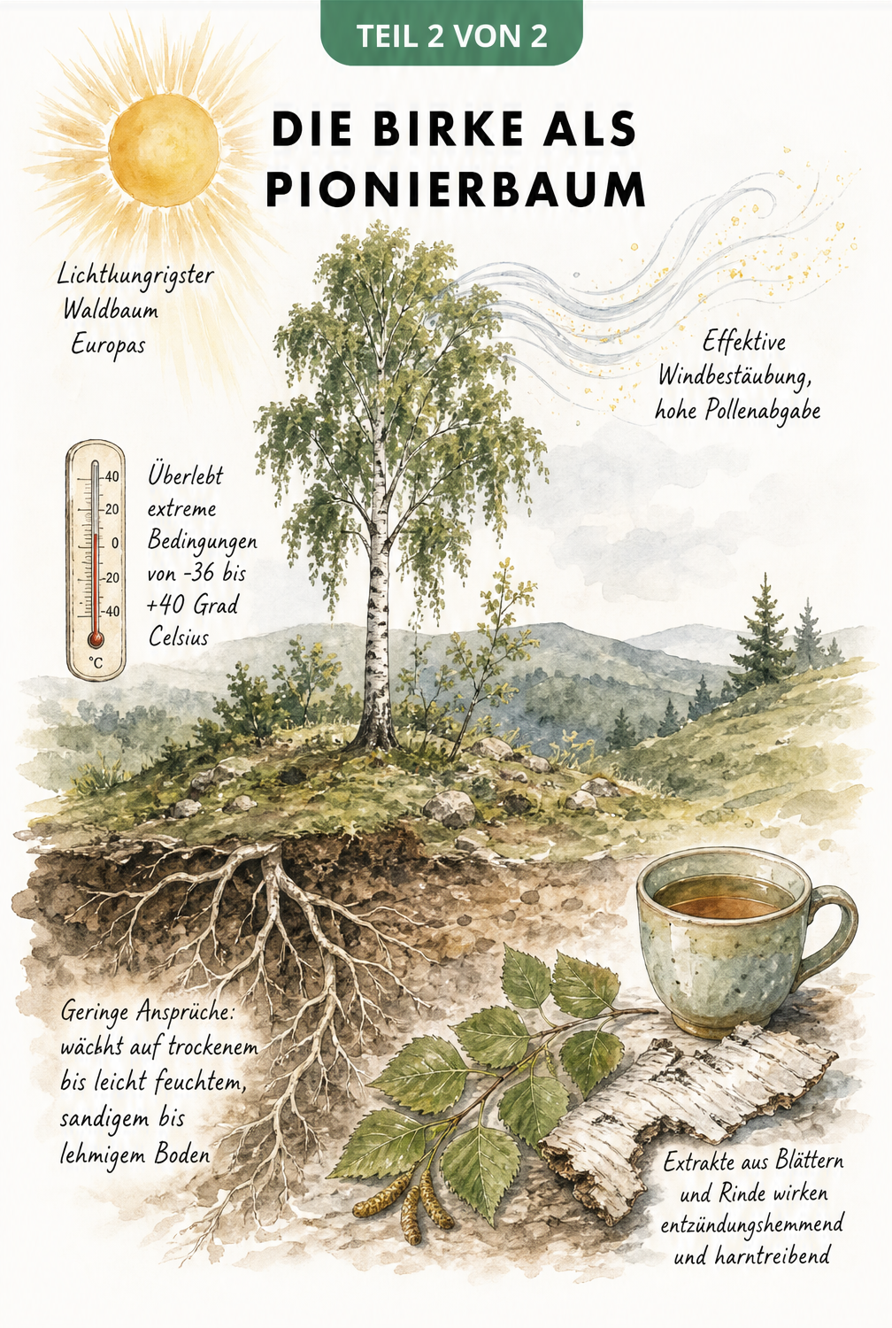 Illustration der Birke als Pionierbaum mit Wurzelwerk, Sonne und Hinweisen zur Widerstandsfähigkeit