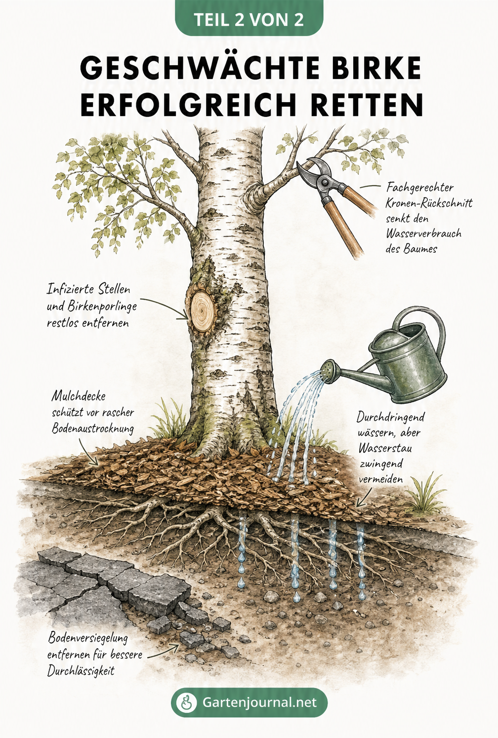 Illustration zur Rettung einer Birke mit Mulchdecke, Bewässerung und Kronen-Rückschnitt
