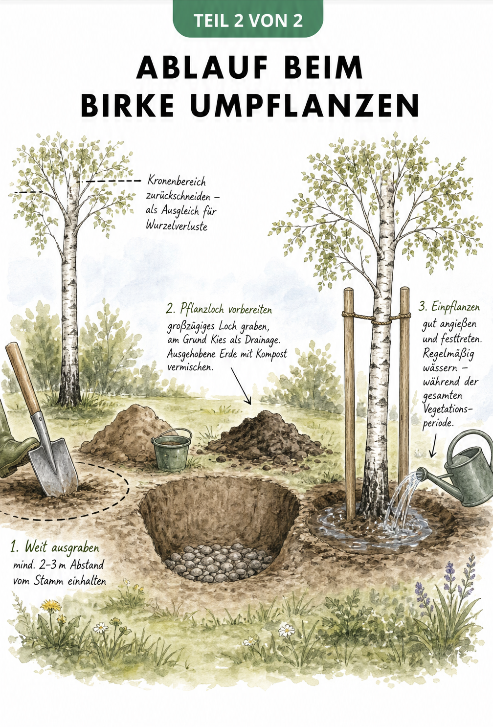 Aquarellierte Gartenszene, die das Ausgraben, das Pflanzloch mit Drainage und die neu gepflanzte Birke mit Stützpfählen zeigt