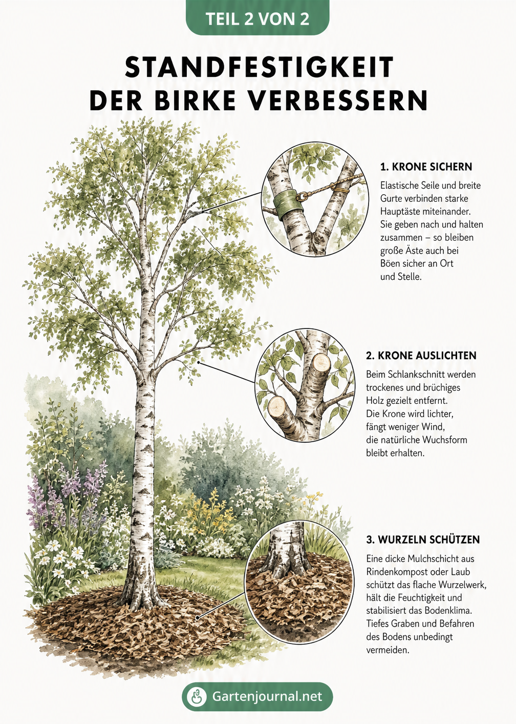 Illustration einer gesunden Birke mit Maßnahmen zur Sturmsicherheit wie Kronensicherung, Schlankschnitt und Wurzelschutz
