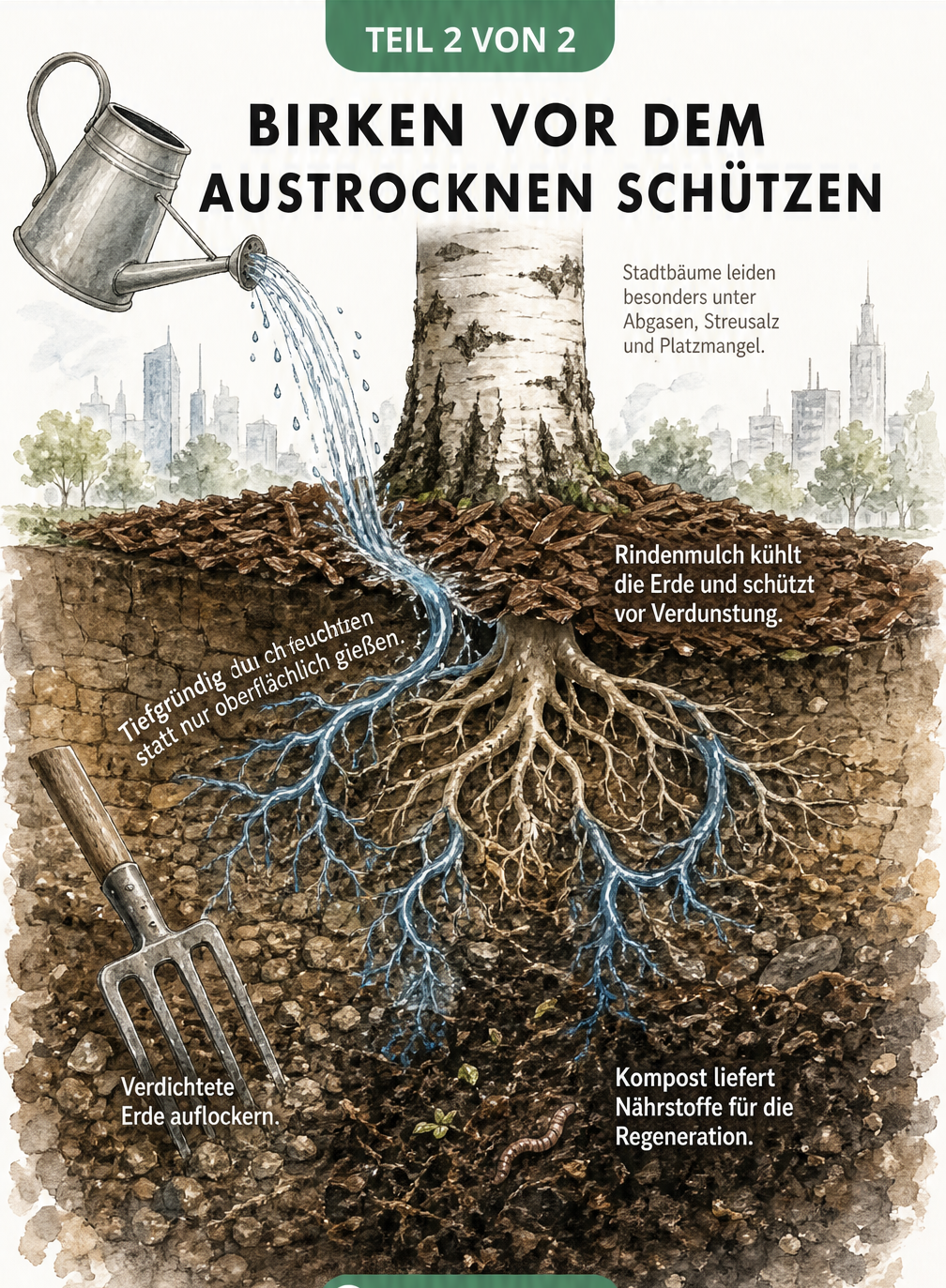 Erdquerschnitt um einen Birkenstamm, der Pflegemaßnahmen wie tiefgründiges Gießen, Rindenmulch und Bodenauflockerung zeigt.