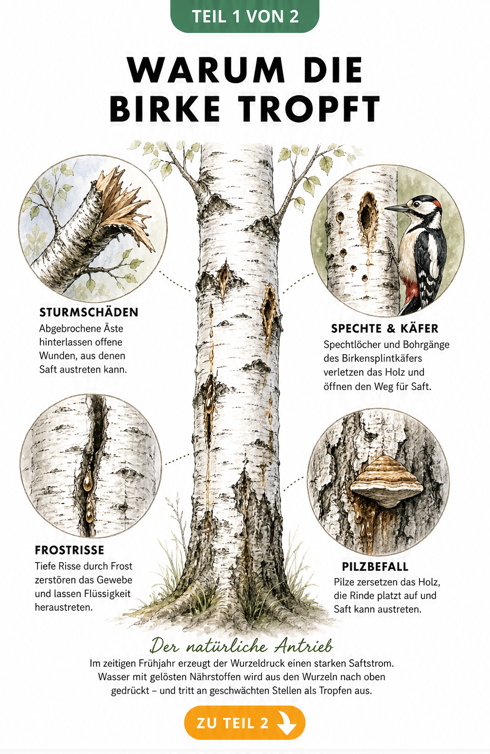 Illustration eines Birkenstamms mit Ursachen für Saftaustritt wie Sturmschäden, Spechtlöcher, Frostrisse und Pilzbefall