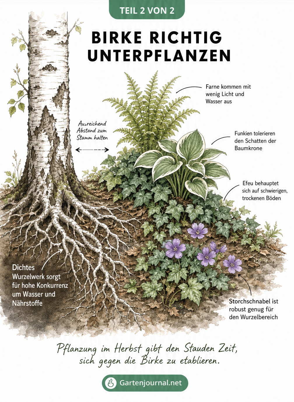 Botanische Illustration des Birkenstamms mit passenden Unterpflanzungen wie Farn, Funkie, Efeu und Storchschnabel