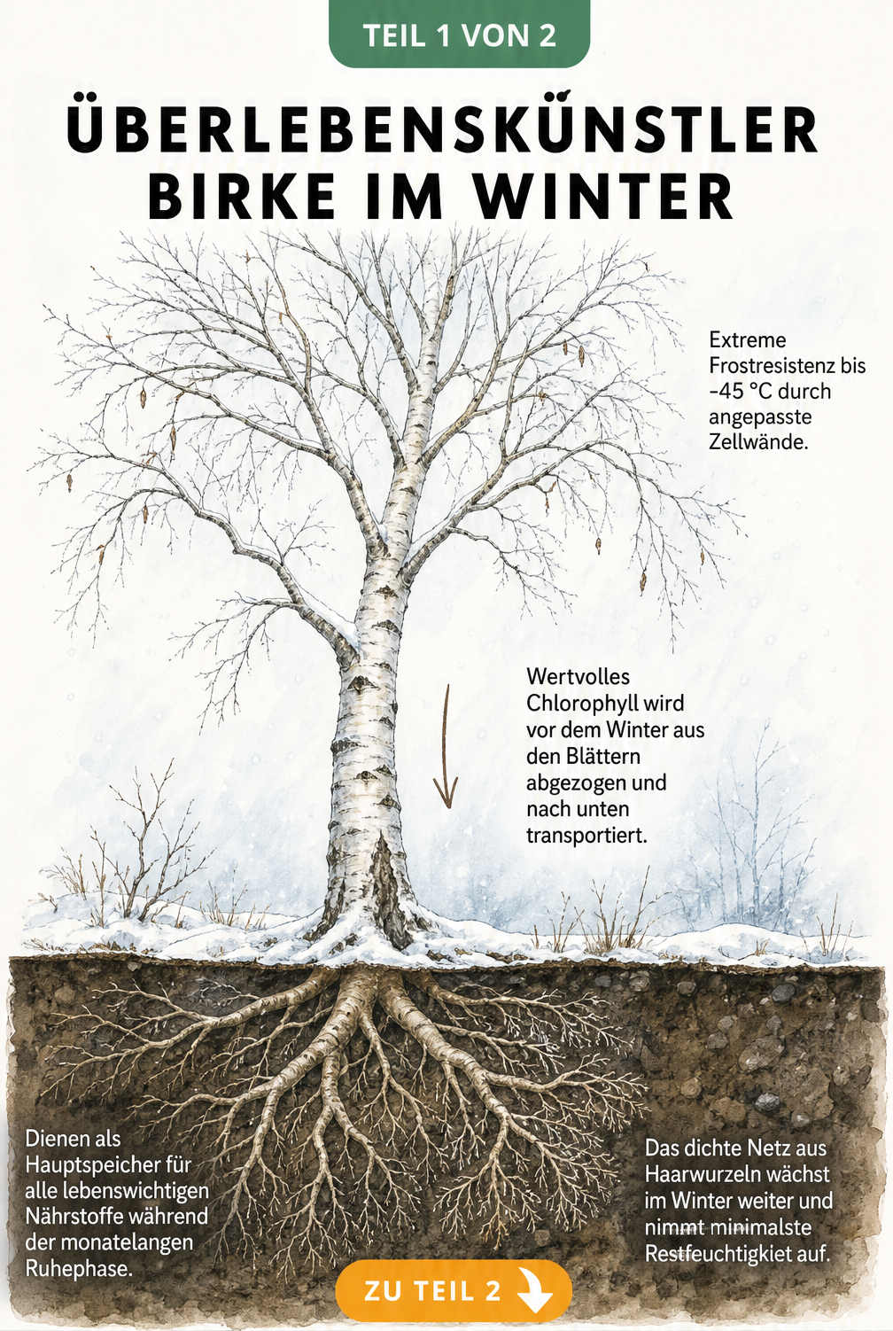 Querschnitt einer Birke im Winter mit frostüberzogener Krone und aktivem Wurzelwerk im Erdreich