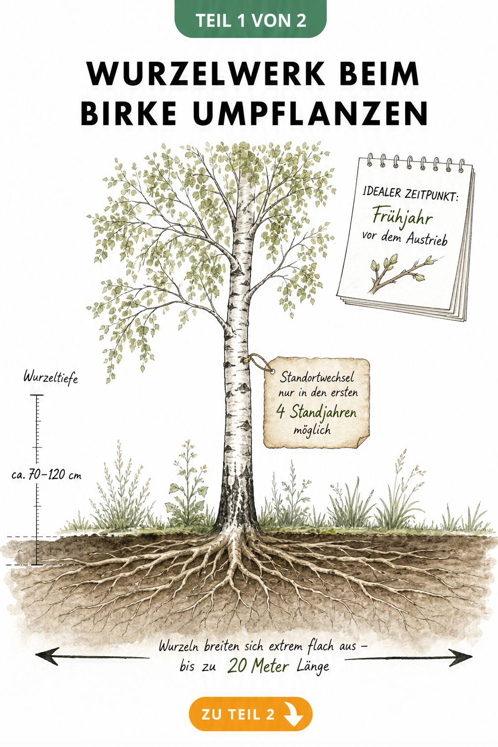 Botanische Querschnitts-Illustration des flachen und weitreichenden Wurzelwerks einer Birke