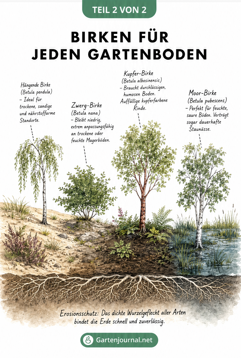 Illustration verschiedener Birkenarten auf unterschiedlichen Böden, von trockener Sanddüne bis zu feuchter Senke.