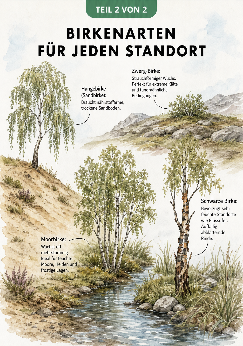Illustration von vier Birkenarten an ihren idealen Standorten: Hängebirke, Moorbirke, Schwarze Birke und Zwerg-Birke