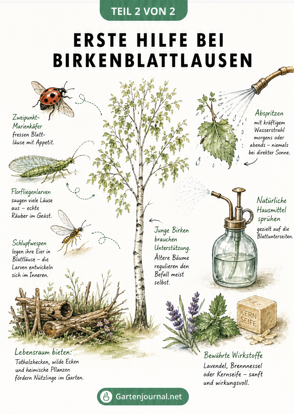 Illustration zur Bekämpfung von Birkenblattläusen mit natürlichen Feinden wie Marienkäfern und Hausmitteln wie Wasserstrahl und Brennnesselsud.