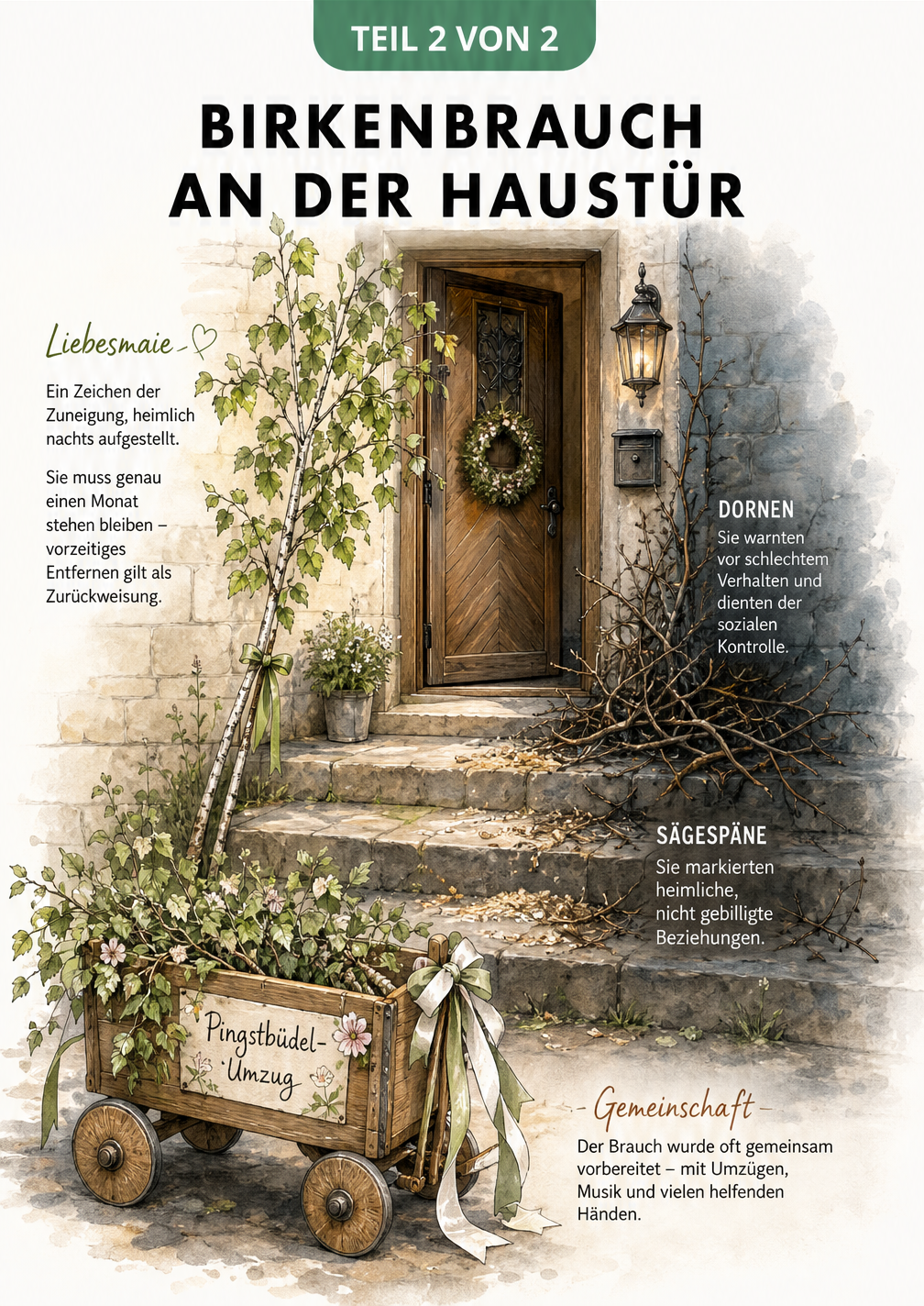 Illustration einer Haustür mit einer grünen Birke als Liebesmaie und dornigem Gestrüpp als Warnung