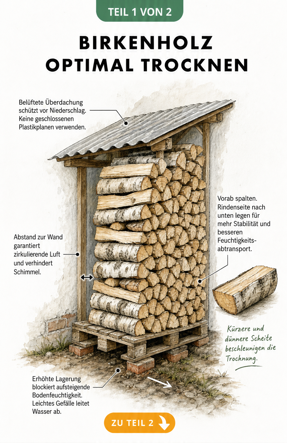 Illustration eines aufgeschichteten Birkenholzstapels an einer Hauswand mit Hinweisen zur optimalen Trocknung