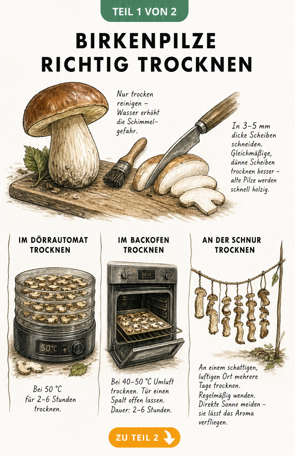 Illustration eines Birkenpilzes mit Pinsel zur Trockenreinigung und Messer zum Schneiden in dünne Scheiben sowie drei Trocknungsmethoden: Dörrgerät, Backofen...