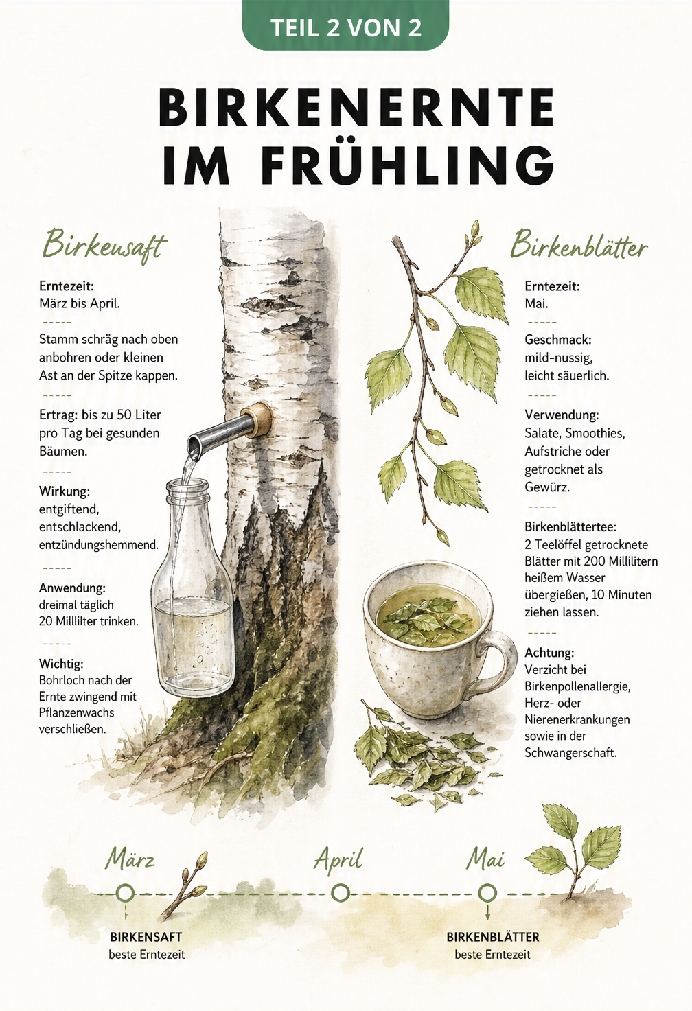 Illustration zur Ernte von Birkensaft am Stamm und Birkenblättern für Tee