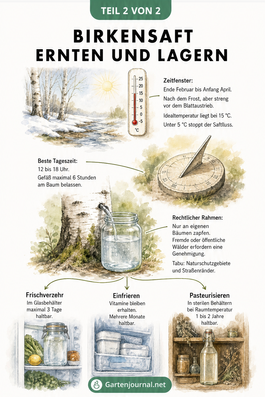 Aquarell-Zeitstrahl zur Birkensafternte mit Wetterbedingungen, Ernteglas und Lagerungsmöglichkeiten wie Kühlschrank und Eisfach