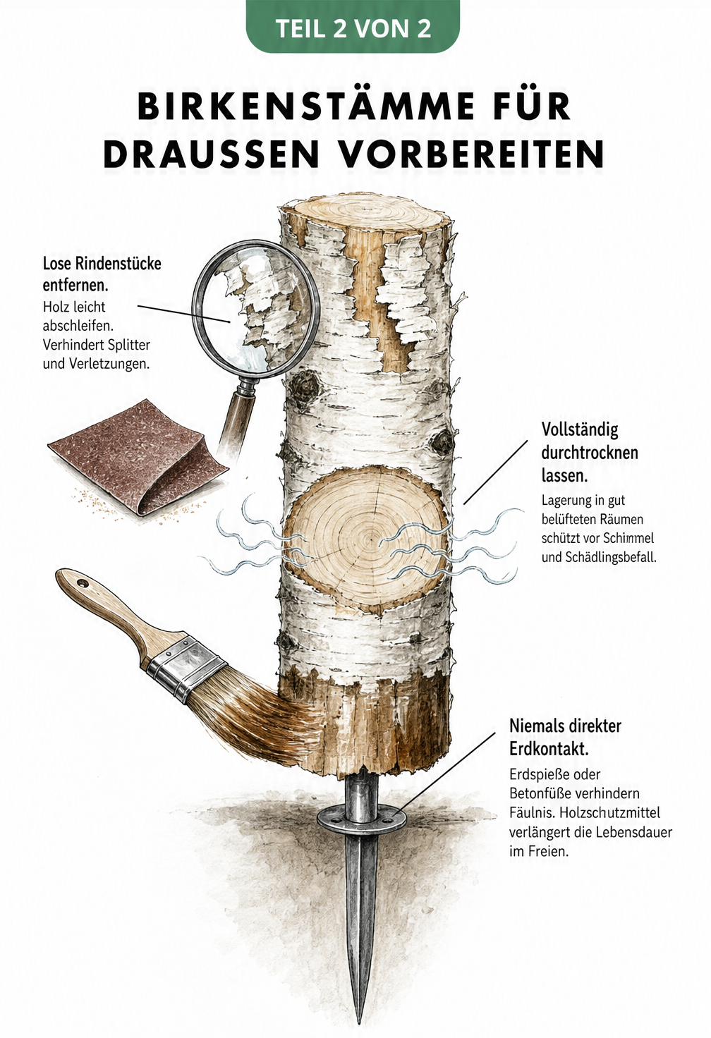 Illustration eines Birkenstamms mit Hinweisen zur Vorbereitung: Rinde entfernen, trocknen lassen und Holzschutz auftragen