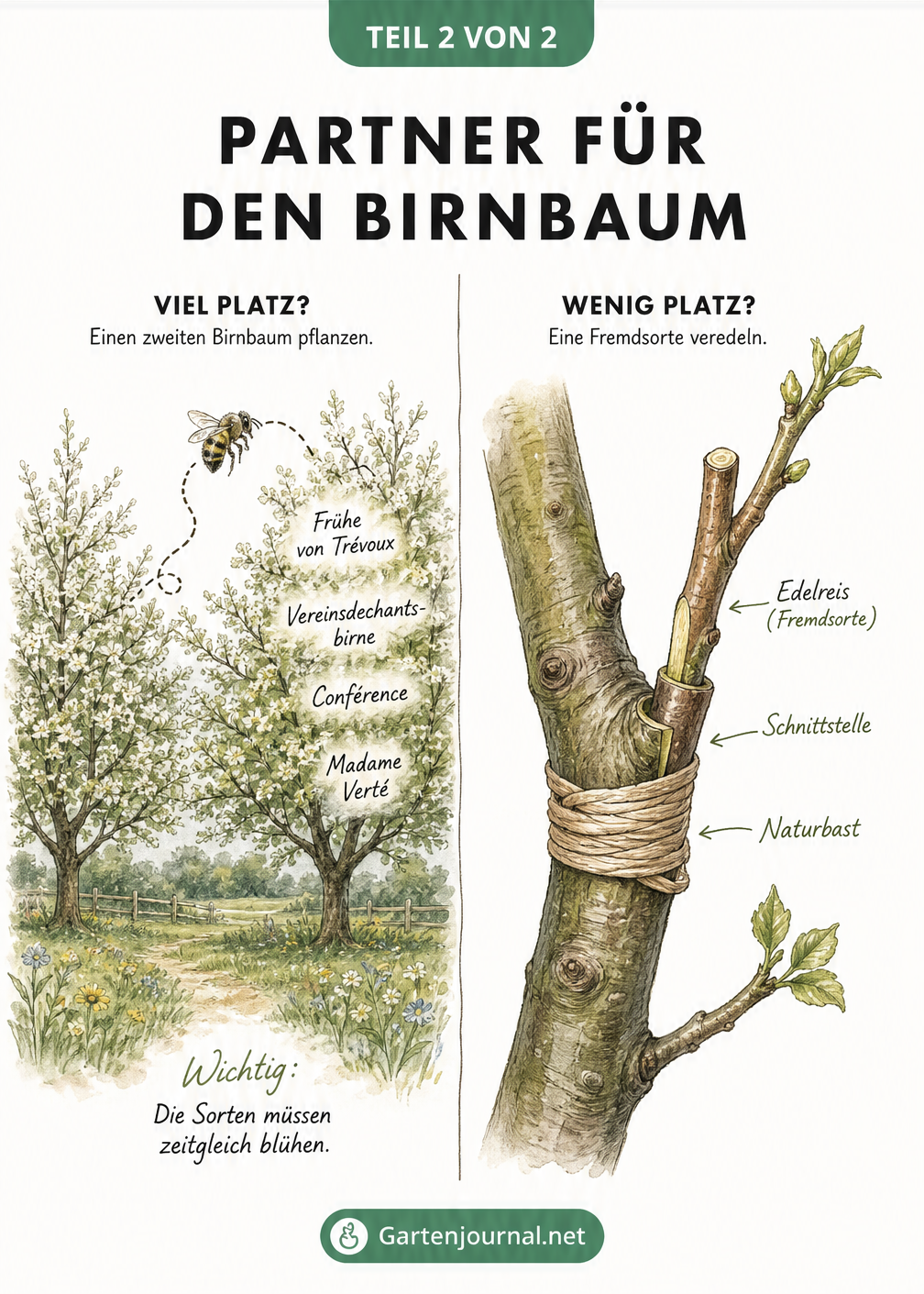 Zwei Illustrationen zur Befruchtung von Birnbäumen: Links zwei Bäume mit Bienenflug und Sortennamen, rechts eine Detailansicht der Veredelung eines Astes.