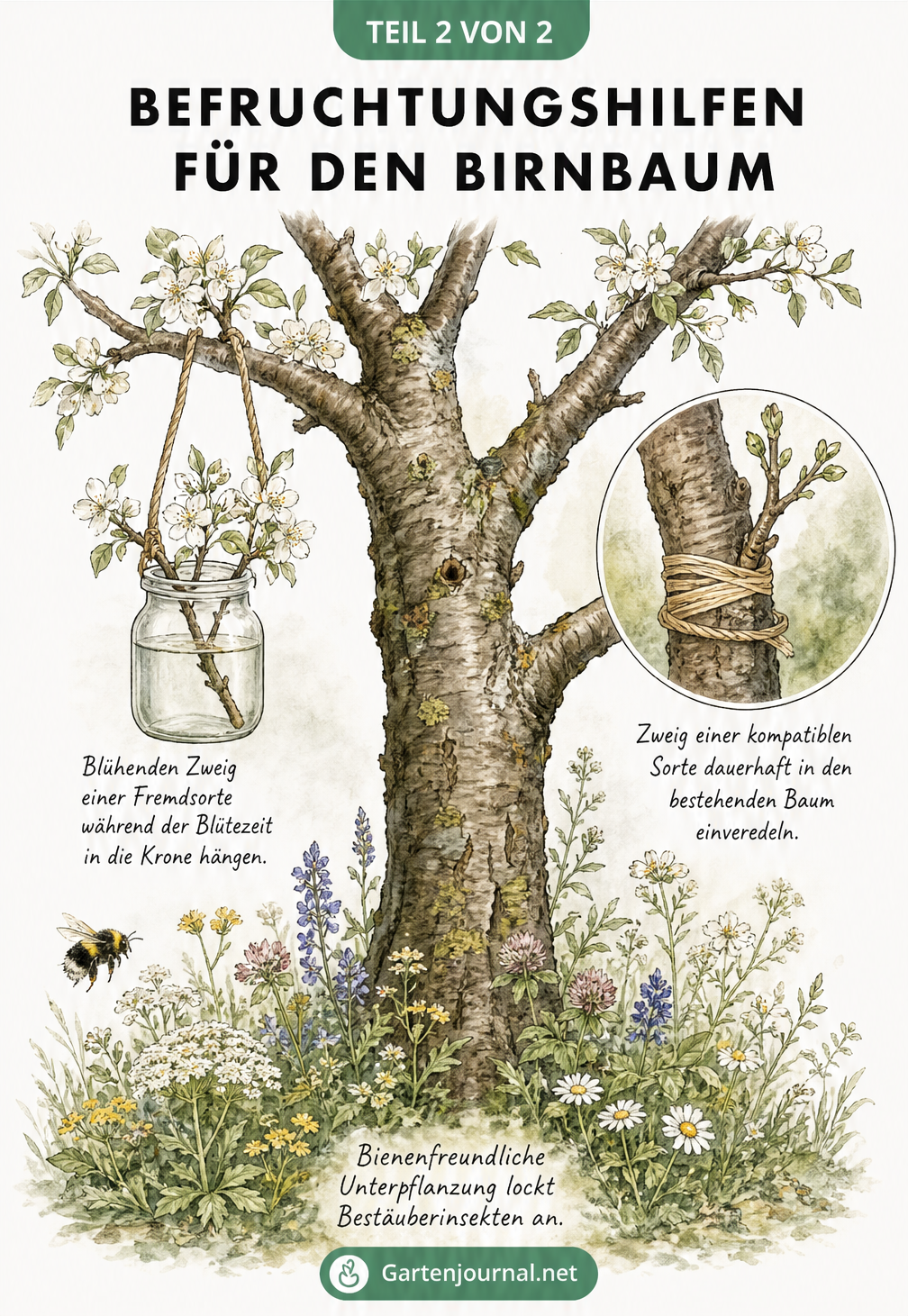 Illustration von Befruchtungshilfen für Birnbäume: Ein blühender Zweig in einem Wasserglas im Baum und eine Veredelung am Ast, umgeben von bienenfreundlichen...