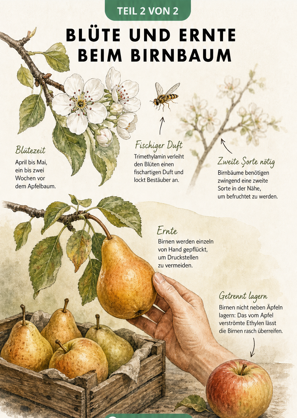 Illustration von Birnbaumblüten mit Schwebfliege im Frühling und reifen Birnen bei der Ernte und Lagerung im Herbst
