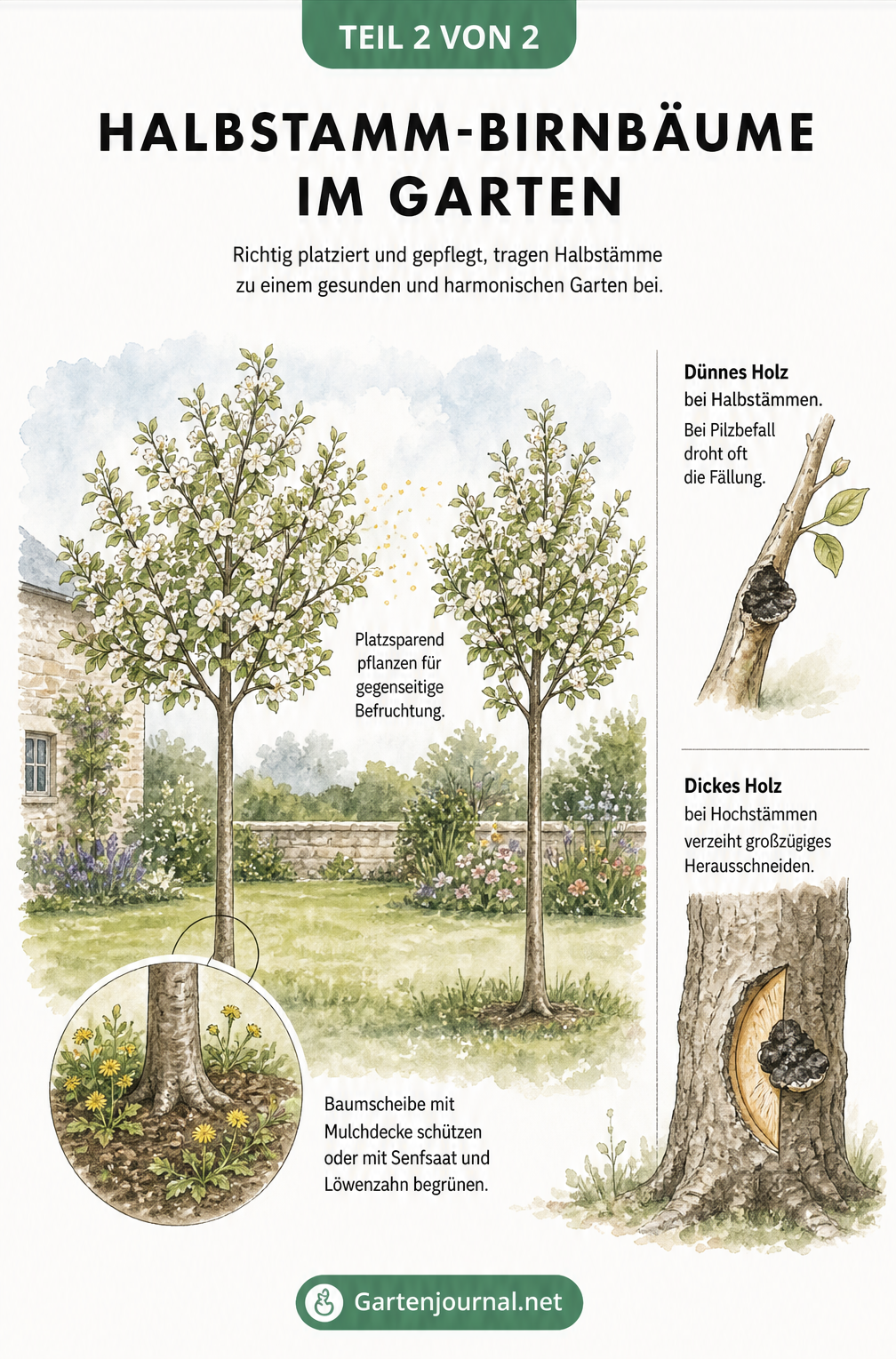Illustration zweier Halbstamm-Birnbäume im Garten mit Details zur Baumscheibe und zum Baumschnitt bei Pilzbefall
