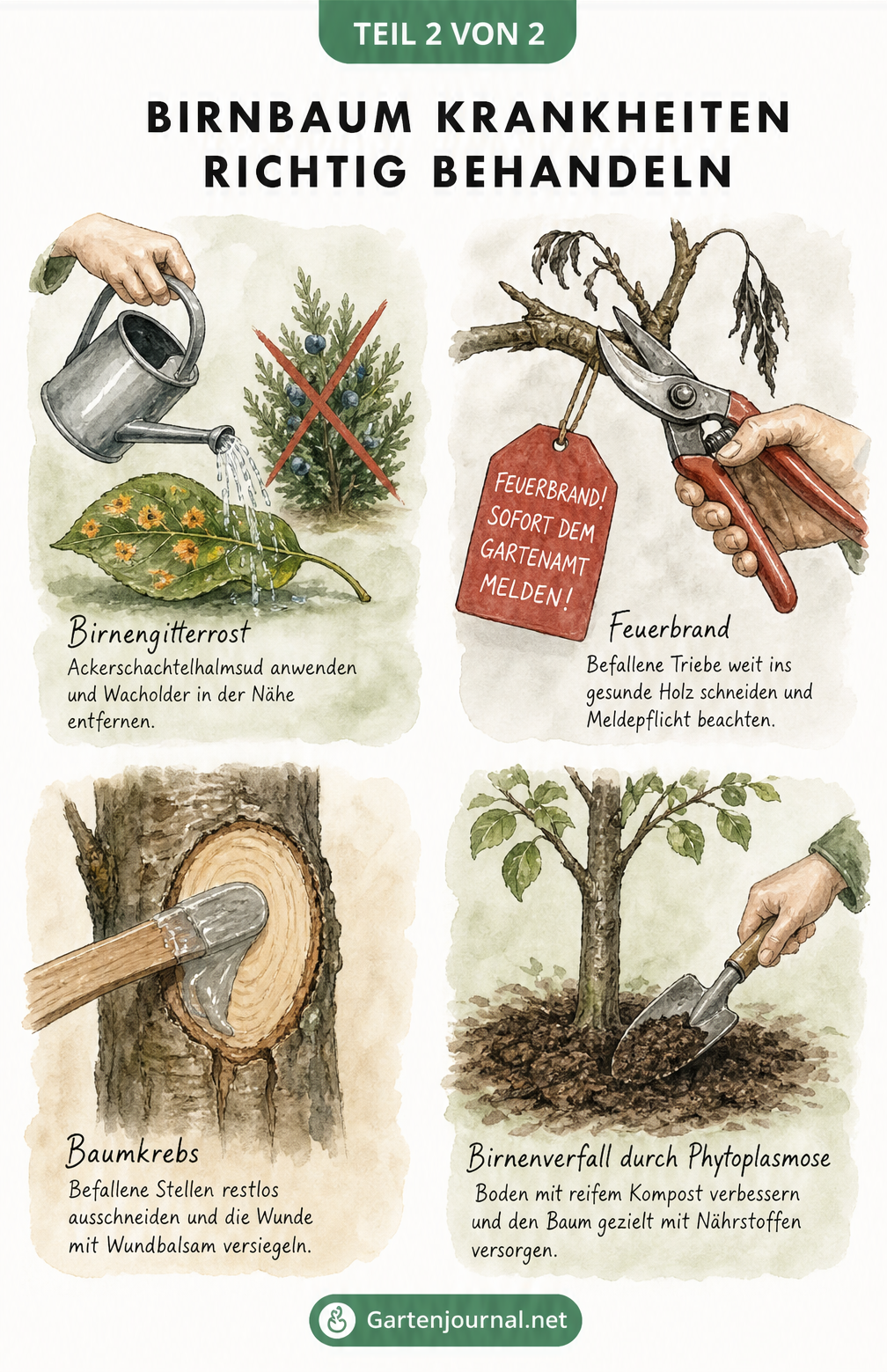 Handgezeichnete Skizzen zur Behandlung von Birnbaum-Krankheiten: Ackerschachtelhalmsud gießen, Äste schneiden, Wundbalsam auftragen und Kompost düngen