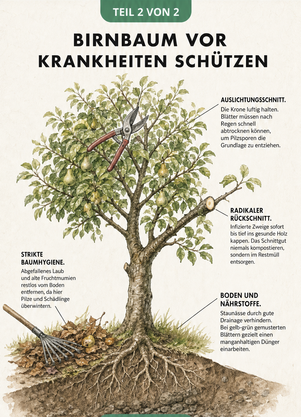 Aquarell-Illustration eines gesunden Birnbaums mit Pflegetipps: Auslichtungsschnitt, radikaler Rückschnitt, Baumhygiene und Bodenpflege.