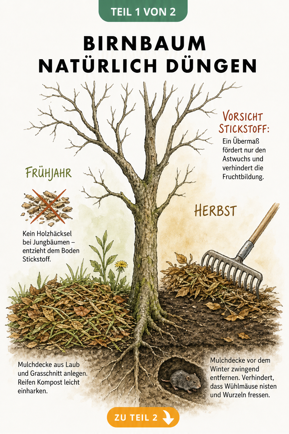 Illustration eines Birnbaumstamms mit Mulchdecke im Frühjahr und freigelegter Erde im Herbst