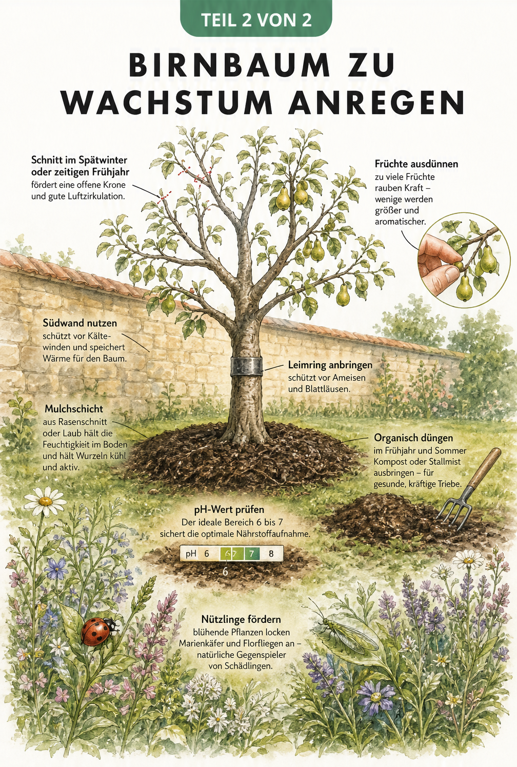 Illustration eines gesunden Birnbaums mit Pflegemaßnahmen wie richtigem Schnitt, Fruchtausdünnung, Leimring, Mulchen und Düngen zur Förderung des Wachstums.