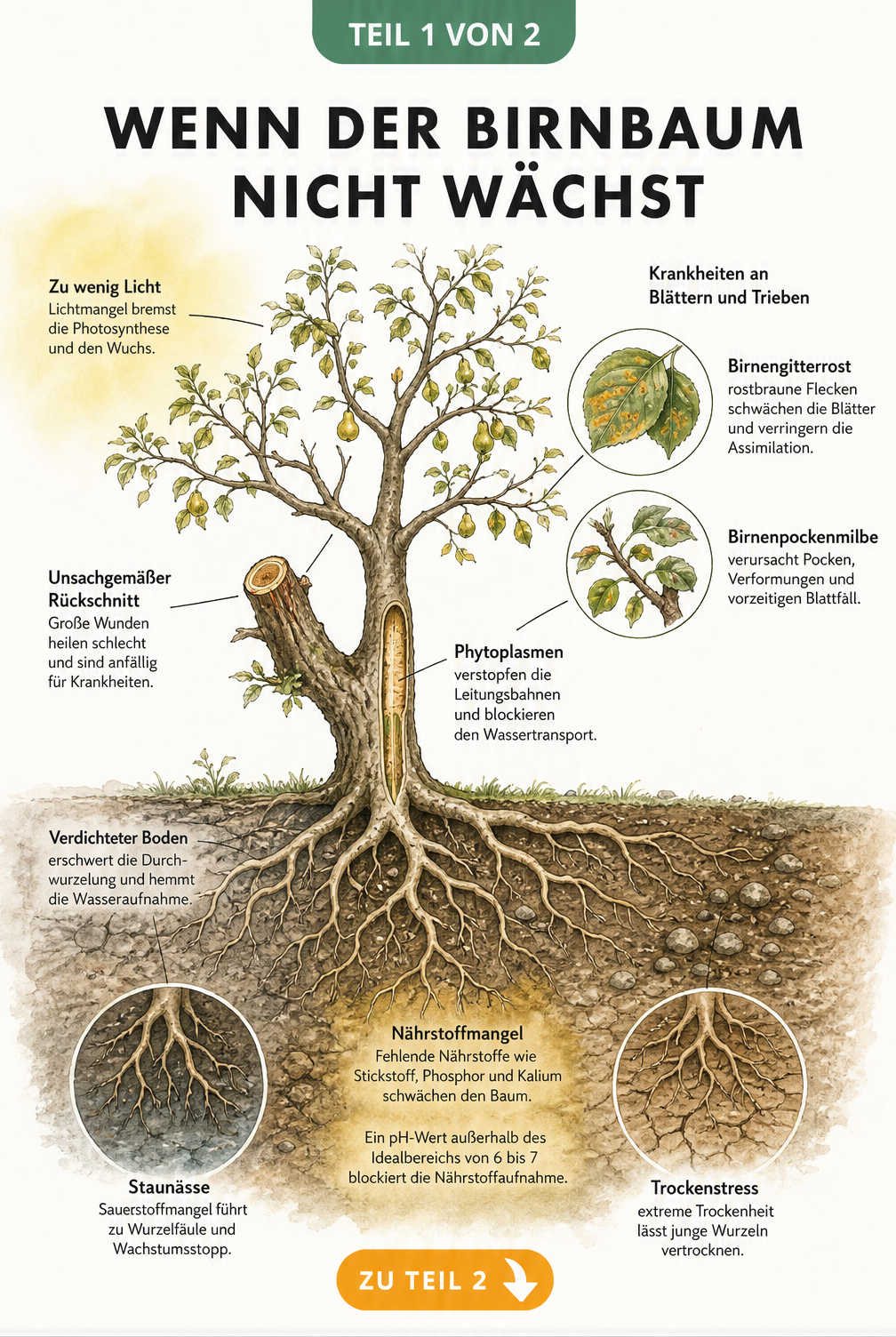 Botanische Illustration eines kränkelnden Birnbaums im Querschnitt, die Ursachen für Wachstumsstörungen wie Lichtmangel, Krankheiten, falscher Schnitt und...