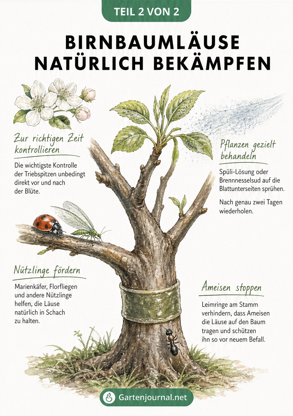 Illustration eines Birnbaums mit natürlichen Maßnahmen gegen Blattläuse wie Leimring am Stamm, Marienkäfer auf Ästen und Sprühnebel auf Blättern