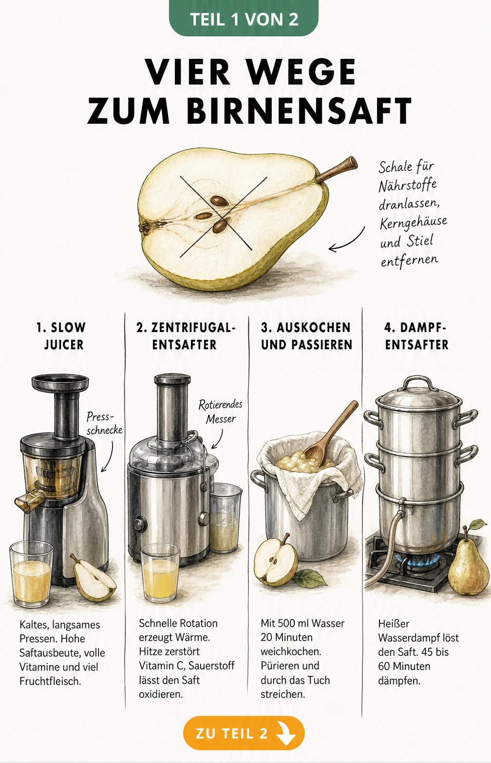Illustration von vier Methoden zur Herstellung von Birnensaft: Slow Juicer, Zentrifugalentsafter, Kochtopf mit Passiertuch und Dampfentsafter