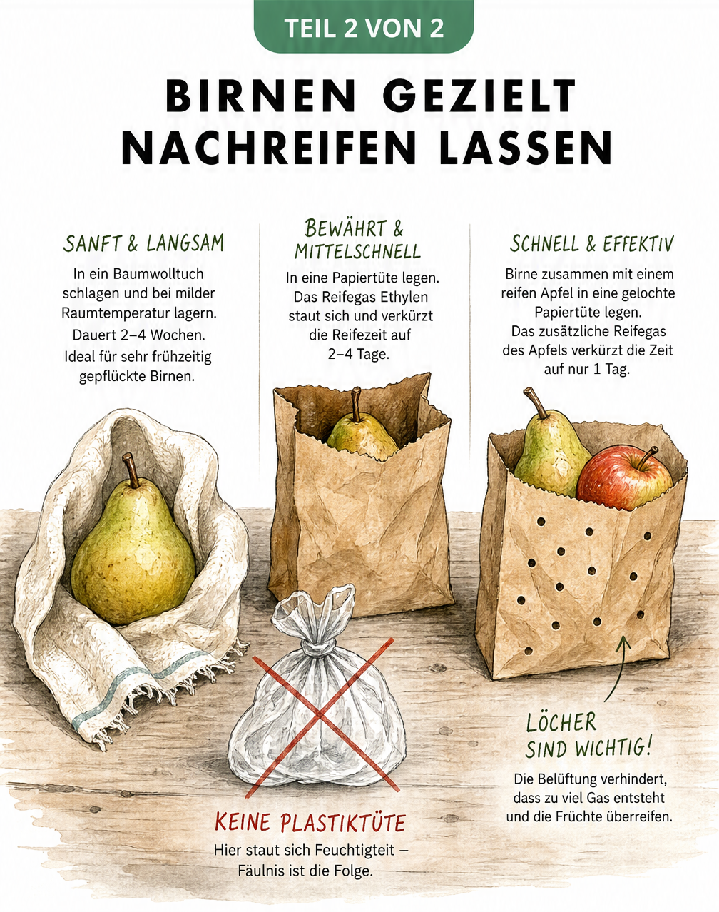 Vergleich von drei Methoden zum Nachreifen von Birnen: im Baumwolltuch, in der Papiertüte und zusammen mit einem Apfel.