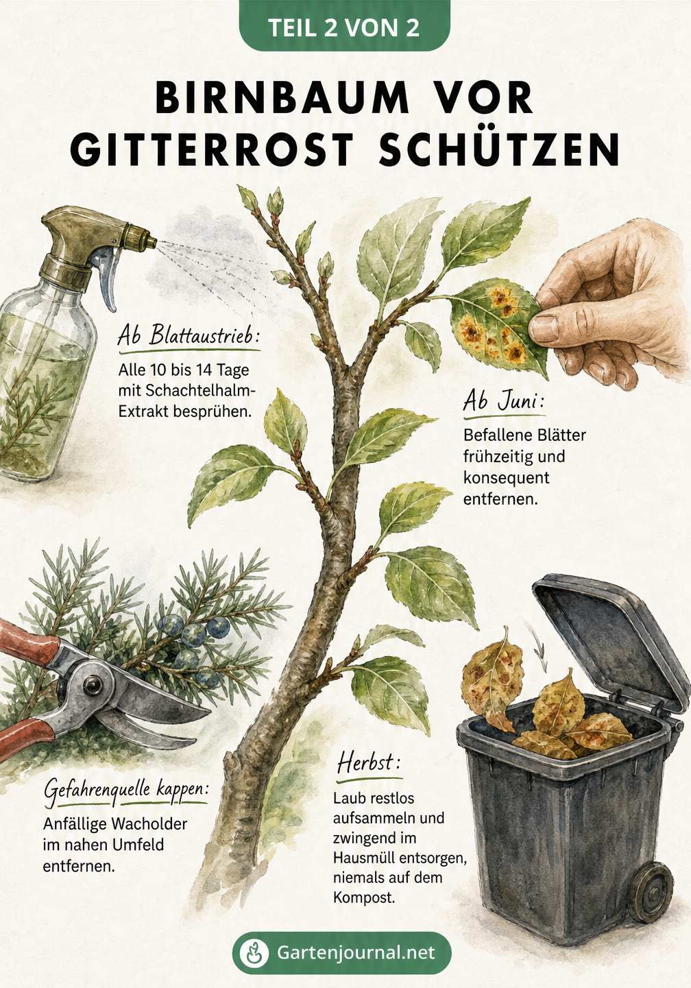 Aquarell-Illustration eines Birnbaums mit vier Szenen zur Bekämpfung von Birnengitterrost: Sprühen von Schachtelhalm-Extrakt, Entfernen befallener Blätter,...