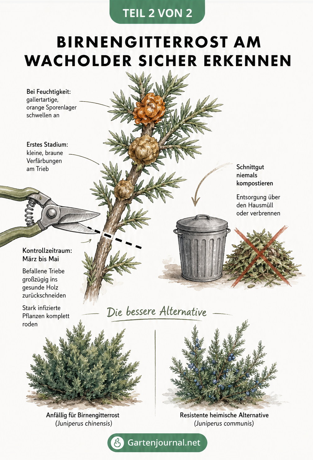 Botanische Lehrtafel zur Erkennung von Birnengitterrost am Wacholder, richtigem Rückschnitt und resistenten Alternativen