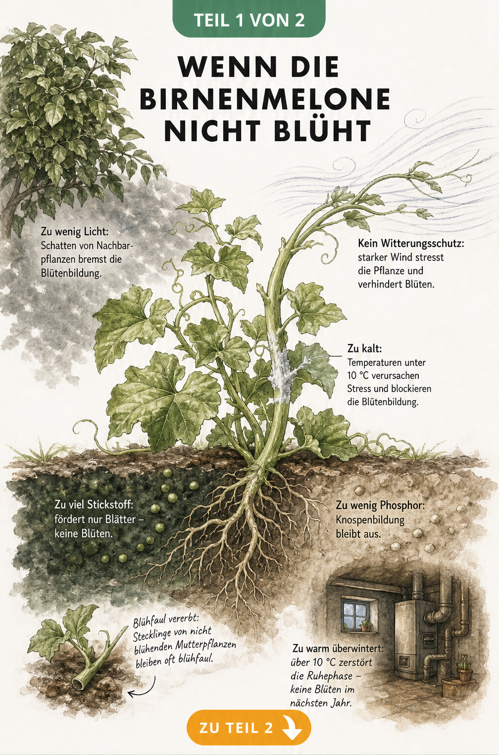 Botanische Illustration einer blütenlosen Birnenmelone mit Ursachen wie Lichtmangel, Frost, Stickstoff-Überschuss und falscher Überwinterung