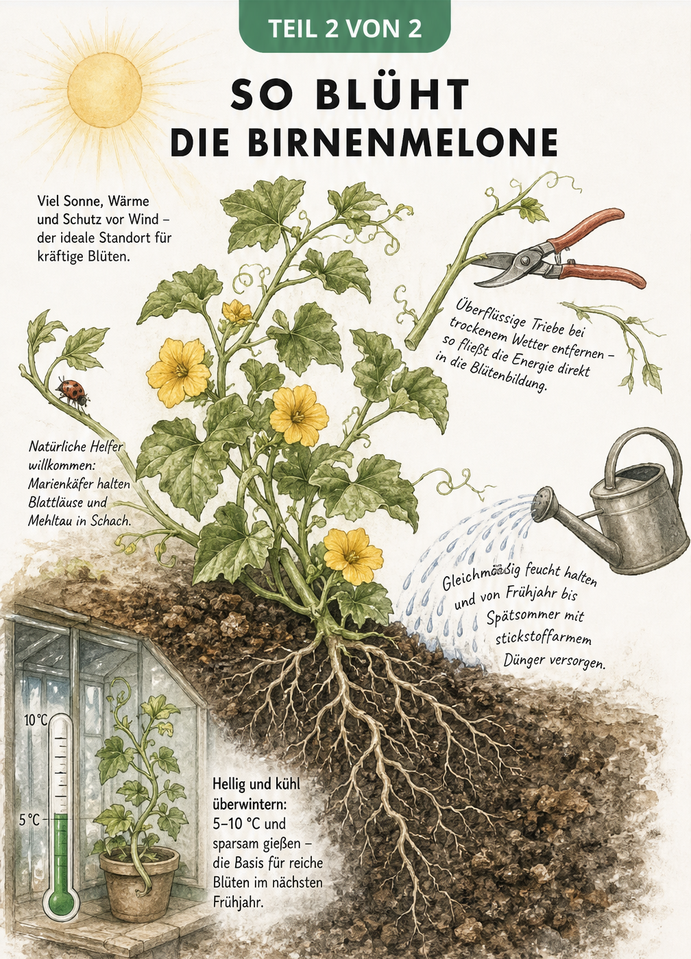 Illustration einer blühenden Birnenmelone mit Pflegetipps wie sonniger Standort, Rückschnitt, richtige Erde und kühle Überwinterung
